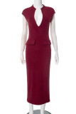 Sexy Solid Color Patchwork V Neck One Step Skirt Dresses