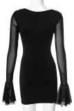 Sexy Solid Color Ruched Mesh V Neck Wrapped Skirt Dresses