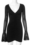 Sexy Solid Color Ruched Mesh V Neck Wrapped Skirt Dresses