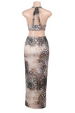 Sexy Leopard Lace Backless Irregular Halter Long Dresses