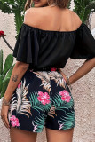 Casual Floral Print Patchwork Off Shoulder Short Sleeve Two Pieces