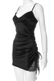 Sexy Solid Color Lace Draw String V Neck Sling Dresses