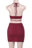 Sexy Solid Color Cross Straps Butterfly Halter Sleeveless Two Pieces