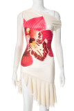 Sexy Floral Print Irregular Mesh Oblique Collar Printed Dresses