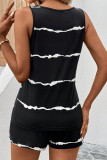 Vacation Striped Print Draw String Pocket O Neck Sleeveless Two Pieces