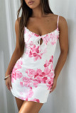 Vacation Floral Print Lace Up Contrast V Neck Printed Dresses