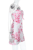 Vacation Floral Print Lace Up Contrast V Neck Printed Dresses