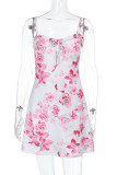 Vacation Floral Print Lace Up Contrast V Neck Printed Dresses