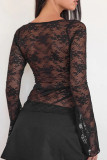 Sexy Solid Color Lace See-Through Slit Square Neck Tops