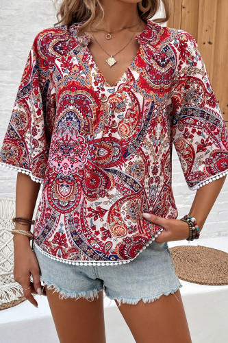 Vacation Floral Print Patchwork Contrast V Neck Tops