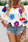 Casual Flowers Print Patchwork Mesh Oblique Collar Tops