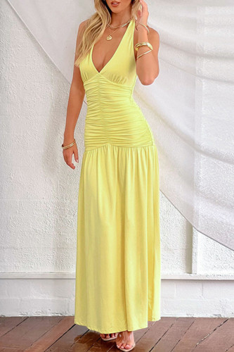Sexy Solid Color Lace Up Backless Ruched Halter Long Dresses