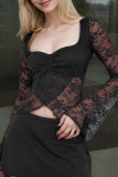 Sexy Solid Color Lace See-Through Slit Square Neck Tops