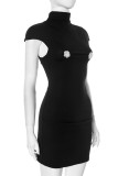 Casual Solid Color Contrast Flower Shape Turtleneck Wrapped Skirt Dresses