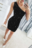 Sexy Solid Color Sequined Sloping Shoulder Wrapped Skirt Dresses
