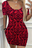 Casual Geometric Print Pocket Contrast O Neck Printed Short Sleeve Dress