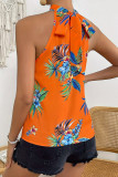Vacation Floral Print Lace Up O Neck Tops