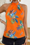 Vacation Floral Print Lace Up O Neck Tops