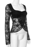 Sexy Solid Color Lace See-Through Slit Square Neck Tops
