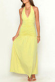 Sexy Solid Color Lace Up Backless Ruched Halter Long Dresses