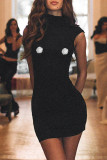 Casual Solid Color Contrast Flower Shape Turtleneck Wrapped Skirt Dresses