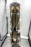 Casual National Totem Print Lace Up Contrast O Neck Long Dresses