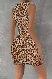 Sexy Leopard Print Pocket Buttons U Neck Wrapped Skirt Dresses