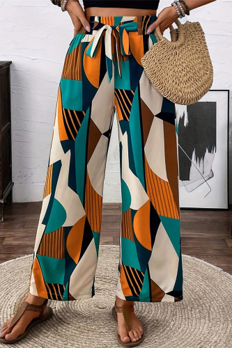 Casual Geometric Print Lace Up Loose High Waist Wide Leg Full Print Bottoms