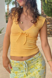 Sexy Solid Color Lace Up Texture V Neck Tops