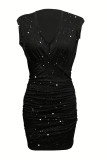Sexy Solid Color Sequined V Neck Wrapped Skirt Dresses