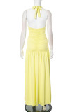 Sexy Solid Color Lace Up Backless Ruched Halter Long Dresses