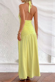 Sexy Solid Color Lace Up Backless Ruched Halter Long Dresses