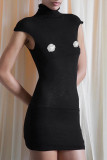 Casual Solid Color Contrast Flower Shape Turtleneck Wrapped Skirt Dresses