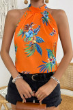 Vacation Floral Print Lace Up O Neck Tops
