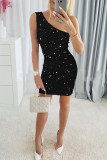 Sexy Solid Color Sequined Sloping Shoulder Wrapped Skirt Dresses