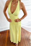 Sexy Solid Color Lace Up Backless Ruched Halter Long Dresses