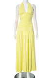 Sexy Solid Color Lace Up Backless Ruched Halter Long Dresses