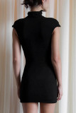 Casual Solid Color Contrast Flower Shape Turtleneck Wrapped Skirt Dresses