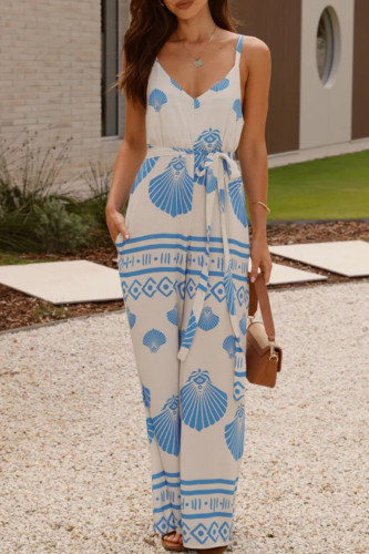 Casual Geometric Print Lace Up V Neck Loose Jumpsuits