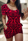 Casual Geometric Print Pocket Contrast O Neck Printed Short Sleeve Dress