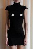 Casual Solid Color Contrast Flower Shape Turtleneck Wrapped Skirt Dresses