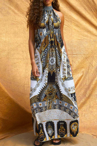 Casual National Totem Print Lace Up Contrast O Neck Long Dresses