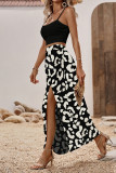Vacation Geometric Print Slit Contrast U Neck Sleeveless Two Pieces