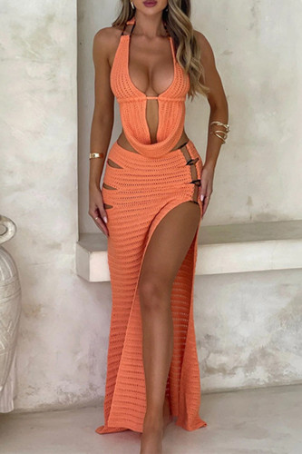 Vacation Solid Color Lace Up Slit Weave Halter Sleeveless Two Pieces