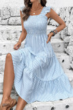 Casual Stripe Patchwork Flounce Contrast Square Neck A Line Dresses