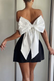 Sexy Solid Color Bow Decor Contrast Off Shoulder Evening Dresses