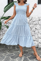 Casual Stripe Patchwork Flounce Contrast Square Neck A Line Dresses