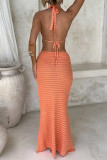 Vacation Solid Color Lace Up Slit Weave Halter Sleeveless Two Pieces