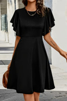 Elegant Solid Color Flounce O Neck A Line Short Sleeve Dress