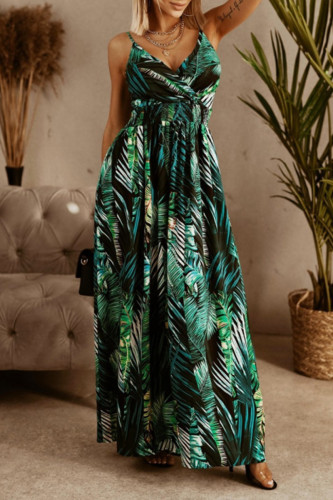 Vacation Floral Print Contrast V Neck Sling Dresses